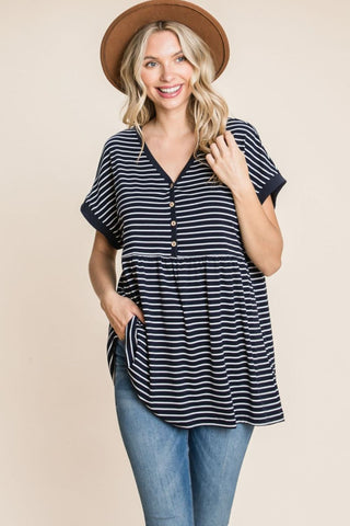 Shop Stripe Cotton Bleu by Nu Label Striped Button Front Baby Doll Top - High-Quality U.S. Made Women’s Fashion with Free & Fast Shipping