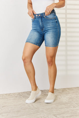 Shop Judy Blue Full Size Tummy Control Double Button Bermuda Denim Shorts - High-Quality U.S. Made Women’s Fashion with Free Fast Shipping