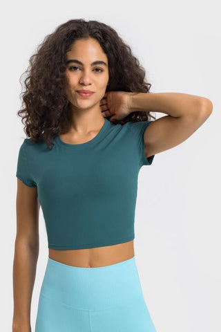 Shop Millennia Round Neck Short Sleeve Cropped Sports T-Shirt - High-Quality U.S. Made Women’s Fashion with Free & Fast Shipping