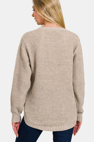 Shop Zenana High Low Long Sleeve Waffle Sweater - High-Quality U.S. Made Women’s Fashion with Free & Fast Shipping