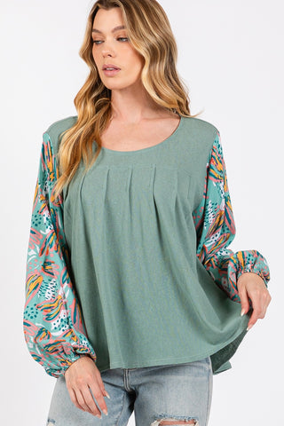 Shop SAGE + FIG Ruched Round Neck Printed Bubble Sleeve Top - High-Quality U.S. Made Women’s Fashion with Free & Fast Shipping