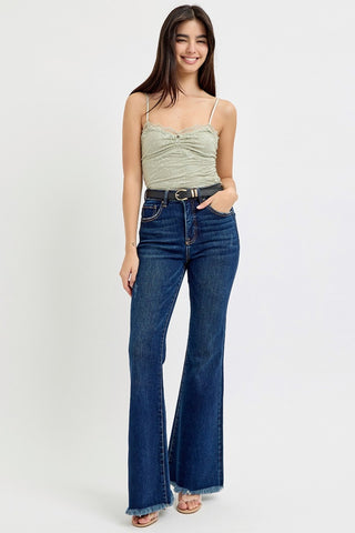 Shop RISEN Tummy Control Frayed Hem Flare Jeans - High-Quality U.S. Made Women’s Fashion with Free & Fast Shipping