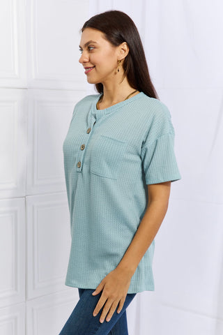 Shop Heimish Made For You Full Size 1/4 Button Down Waffle Top in Blue - High-Quality U.S. Made Women’s Fashion with Free & Fast Shipping