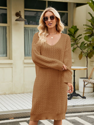 Shop Camel V-Neck Long Sleeve Sweater Dress - High-Quality U.S. Made Women’s Fashion with Free & Fast Shipping