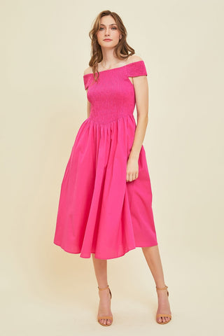 Shop Fuchsia HEYSON Off-Shoulder Smocked Midi Dress - High-Quality U.S. Made Women’s Fashion with Free & Fast Shipping