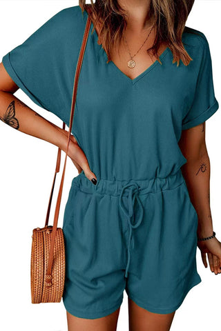 Shop Full Size Drawstring V-Neck Short Sleeve Romper - High-Quality U.S. Made Women’s Fashion with Free Fast Shipping