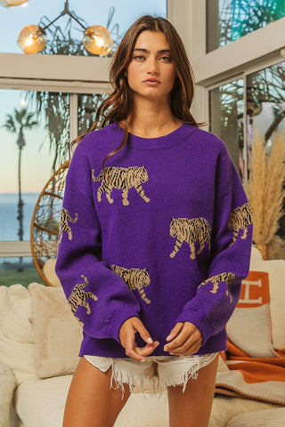 Shop BiBi Tiger Pattern Long Sleeve Sweater - High-Quality U.S. Made Women’s Fashion with Free Fast Shipping