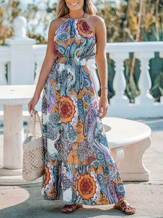 Shop Printed Halter Neck Maxi Dress - High-Quality U.S. Made Women’s Fashion with Free Fast Shipping