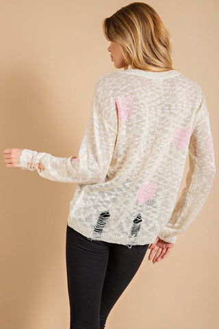 Shop Kori America Heart Pattern Distressed Sweater - High-Quality U.S. Made Women’s Fashion with Free Fast Shipping