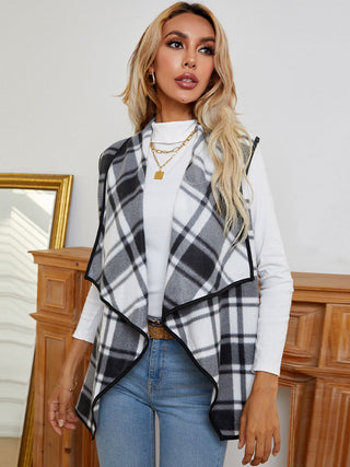 Shop Shiny Plaid Open Front Vest - High-Quality U.S. Made Women’s Fashion with Free & Fast Shipping