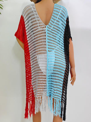 Shop Fringe Color Block Scoop Neck Cover Up - High-Quality U.S. Made Women’s Fashion with Free Fast Shipping