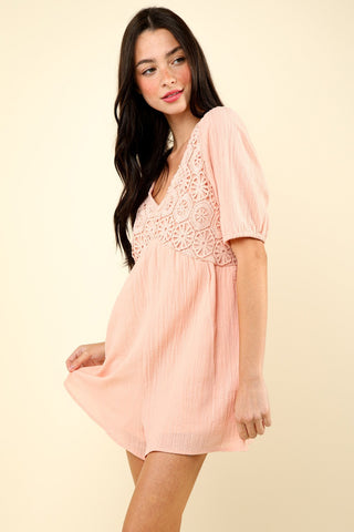 Shop Blush VERY J Lace Detail Puff Sleeve Romper with Pockets - High-Quality U.S. Made Women’s Fashion with Free & Fast Shipping