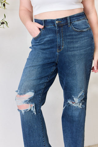 Shop Judy Blue Full Size High Waist 90's Distressed Straight Jeans - High-Quality U.S. Made Women’s Fashion with Free & Fast Shipping