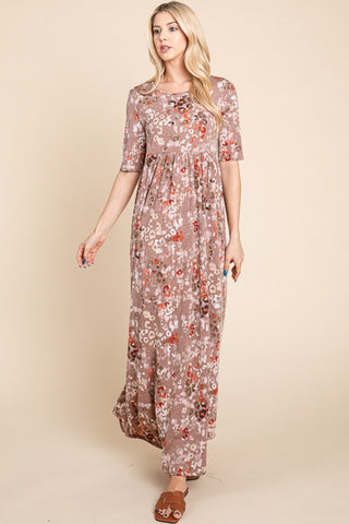 Shop Mocha BOMBOM Printed Shirred Maxi Dress - High-Quality U.S. Made Women’s Fashion with Free & Fast Shipping