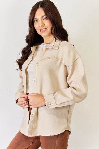 Shop HYFVE Texture Button Down Fray Detail Shacket - High-Quality U.S. Made Women’s Fashion with Free & Fast Shipping