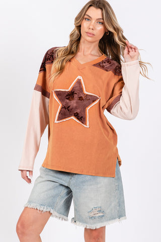 Shop SAGE + FIG Star Patch Long Sleeve Color Block T-Shirt - High-Quality U.S. Made Women’s Fashion with Free & Fast Shipping