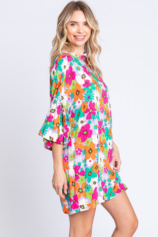 Shop GeeGee Full Size Floral Round Neck Lantern Sleeve Mini Dress - High-Quality U.S. Made Women’s Fashion with Free & Fast Shipping