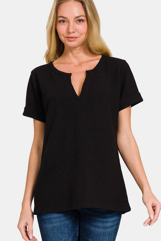 Shop Black Zenana Notched Short Sleeve Waffle T-Shirt - High-Quality U.S. Made Women’s Fashion with Free & Fast Shipping