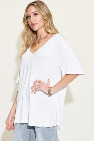 Shop Basic Bae Full Size Bamboo V-Neck Drop Shoulder T-Shirt - High-Quality U.S. Made Women’s Fashion with Free Fast Shipping