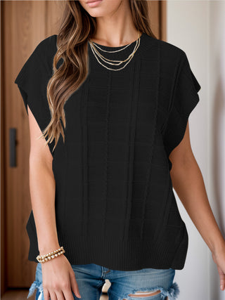 Shop Black Round Neck Cap Sleeve Knit Top - High-Quality U.S. Made Women’s Fashion with Free & Fast Shipping