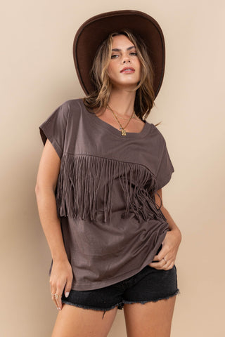 Shop CHARCOAL Ces Femme Fringe Detail Round Neck Short Sleeve Top - High-Quality U.S. Made Women’s Fashion with Free & Fast Shipping