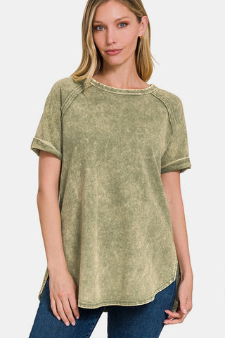 Shop LTOLIVE Zenana Heathered Round Neck Short Sleeve Top - High-Quality U.S. Made Women’s Fashion with Free & Fast Shipping