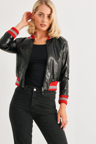 Shop Comme PU Leather Baseball Collar Long Sleeve Jacket - High-Quality U.S. Made Women’s Fashion with Free & Fast Shipping