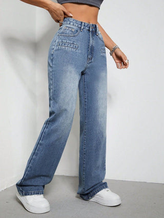 Shop High Rise Wide Leg Jeans with Pockets - High-Quality U.S. Made Women’s Fashion with Free & Fast Shipping