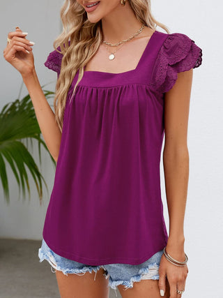 Shop Deep Purple Ruffled Square Neck Cap Sleeve Blouse - High-Quality U.S. Made Women’s Fashion with Free & Fast Shipping