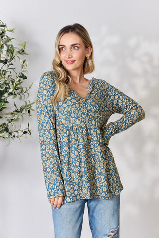 Shop Dusty Teal Multi Heimish Full Size Floral Half Button Long Sleeve Blouse - High-Quality U.S. Made Women’s Fashion with Free & Fast Shipping