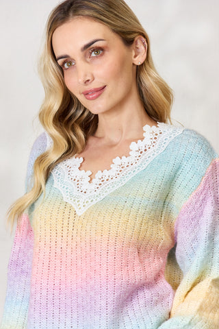 Shop BiBi Rainbow Gradient Crochet Deetail Sweater - High-Quality U.S. Made Women’s Fashion with Free Fast Shipping