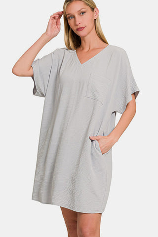 Shop Lt Grey Zenana V-Neck Tee Dress with Pockets - High-Quality U.S. Made Women’s Fashion with Free & Fast Shipping