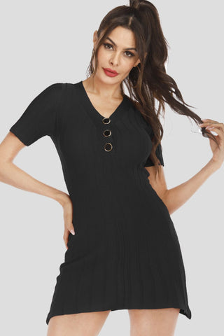 Shop Buttoned Short Sleeve V-Neck Knit Dress - High-Quality U.S. Made Women’s Fashion with Free Fast Shipping