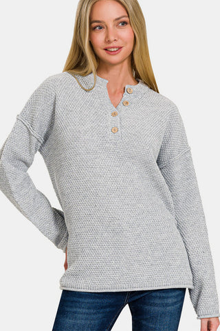 Shop Grey Zenana Button Closure Drop Shoulder Sweater - High-Quality U.S. Made Women’s Fashion with Free & Fast Shipping