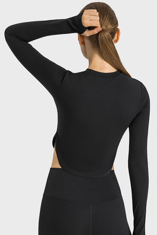 Shop Millennia Side Slit Long Sleeve Round Neck Crop Top - High-Quality U.S. Made Women’s Fashion with Free & Fast Shipping