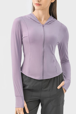 Shop Lavender Millennia Pocketed Zip Up Hooded Long Sleeve Active Outerwear - High-Quality U.S. Made Women’s Fashion with Free & Fast Shipping