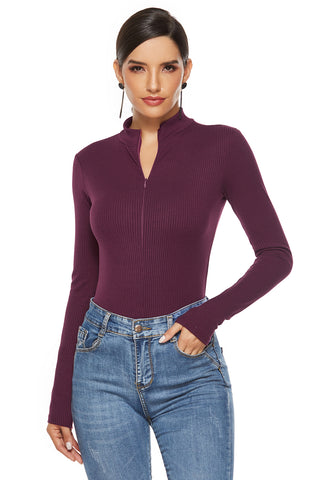 Shop Full Size Ribbed Half Zip Long Sleeve Bodysuit - High-Quality U.S. Made Women’s Fashion with Free & Fast Shipping