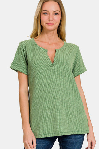 Shop DK GREEN Zenana Waffle Notched Short Sleeve T-Shirt - High-Quality U.S. Made Women’s Fashion with Free & Fast Shipping