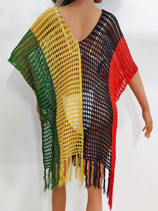 Shop Fringe Color Block Scoop Neck Cover Up - High-Quality U.S. Made Women’s Fashion with Free Fast Shipping