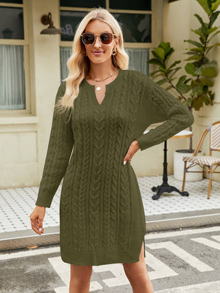 Shop Matcha Green Notched Neck Cable-Knit Slit Sweater Dress - High-Quality U.S. Made Women’s Fashion with Free & Fast Shipping