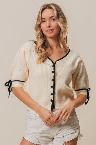 Shop BiBi Contrast Binding Buttoned Cardigan - High-Quality U.S. Made Women’s Fashion with Free & Fast Shipping