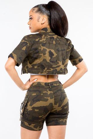 Shop American Bazi Full Size Camouflage Short Sleeve Cropped Jacket - High-Quality U.S. Made Women’s Fashion with Free Fast Shipping