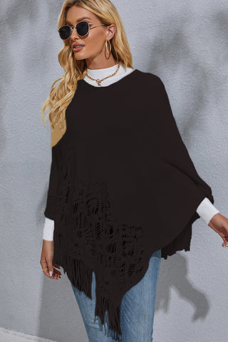 Shop Round Neck Fringe Detail Poncho - High-Quality U.S. Made Women’s Fashion with Free Fast Shipping