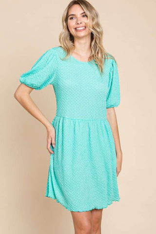 Shop Mint Culture Code Full Size Textured Round Neck Puff Sleeve Dress - High-Quality U.S. Made Women’s Fashion with Free & Fast Shipping