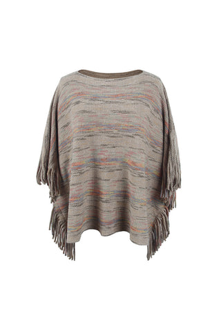 Shop Khaki One Size Round Neck Fringe Detail Sleeve Poncho - High-Quality U.S. Made Women’s Fashion with Free & Fast Shipping