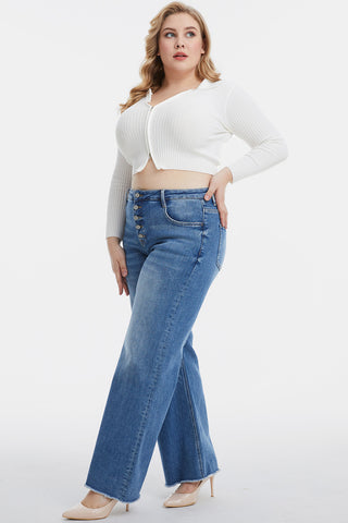 Shop BLUELOTUS BAYEAS Full Size High Waist Button-Fly Raw Hem Wide Leg Jeans - High-Quality U.S. Made Women’s Fashion with Free & Fast Shipping