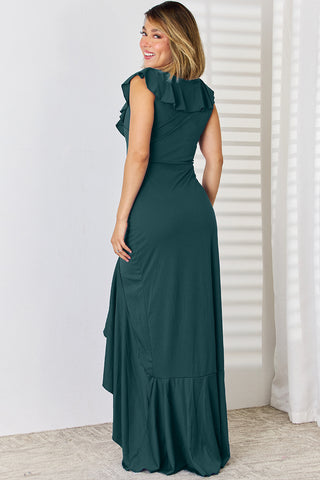 Shop Ruffled V-Neck High-Low Dress - High-Quality U.S. Made Women’s Fashion with Free & Fast Shipping