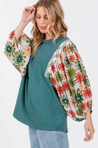 Shop SAGE + FIG Full Size Printed Balloon Sleeve Contrast Top - High-Quality U.S. Made Women’s Fashion with Free & Fast Shipping