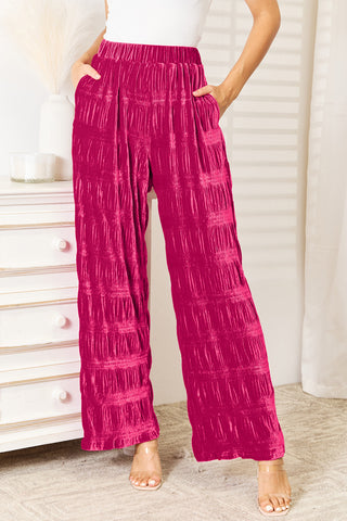 Shop Hot Pink Double Take Full Size High Waist Tiered Shirring Velvet Wide Leg Pants - High-Quality U.S. Made Women’s Fashion with Free & Fast Shipping