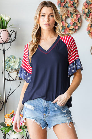 Shop Navy Heimish Full Size V-Neck Flounce Sleeve T-Shirt - High-Quality U.S. Made Women’s Fashion with Free & Fast Shipping